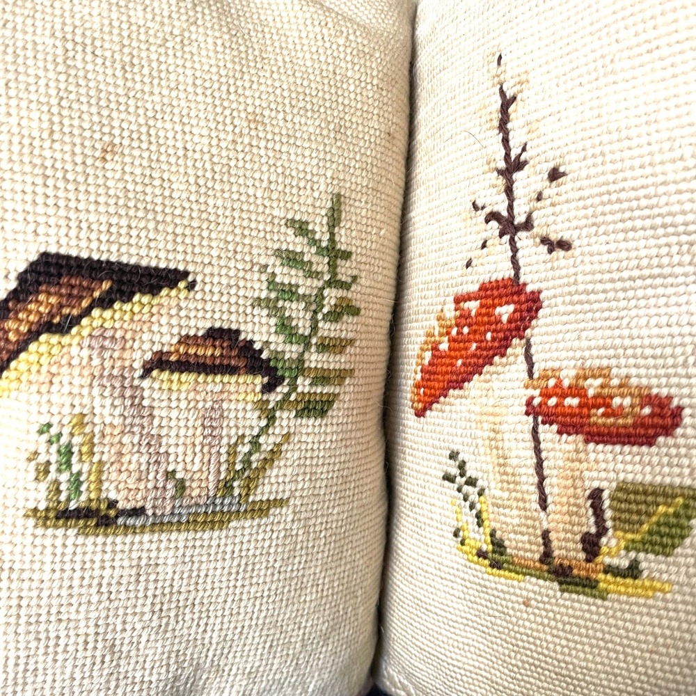 Vintage Mushroom Needlepoint Pillows Set of 2 Velvet Back Woodland Cottagecore